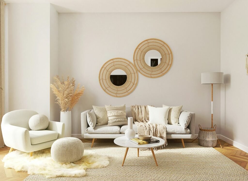 Floating shelves beside a TV in a small living room