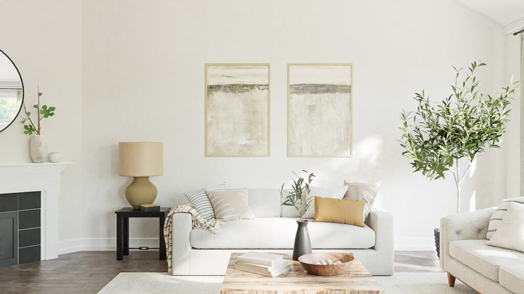 Frame-style TV displaying art in a small living room