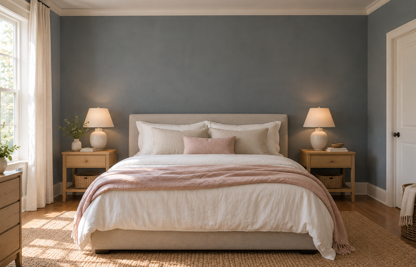 Valspar cottage door bedroom with warm blue-gray walls, a linen bed, oak nightstands and soft blush accents
