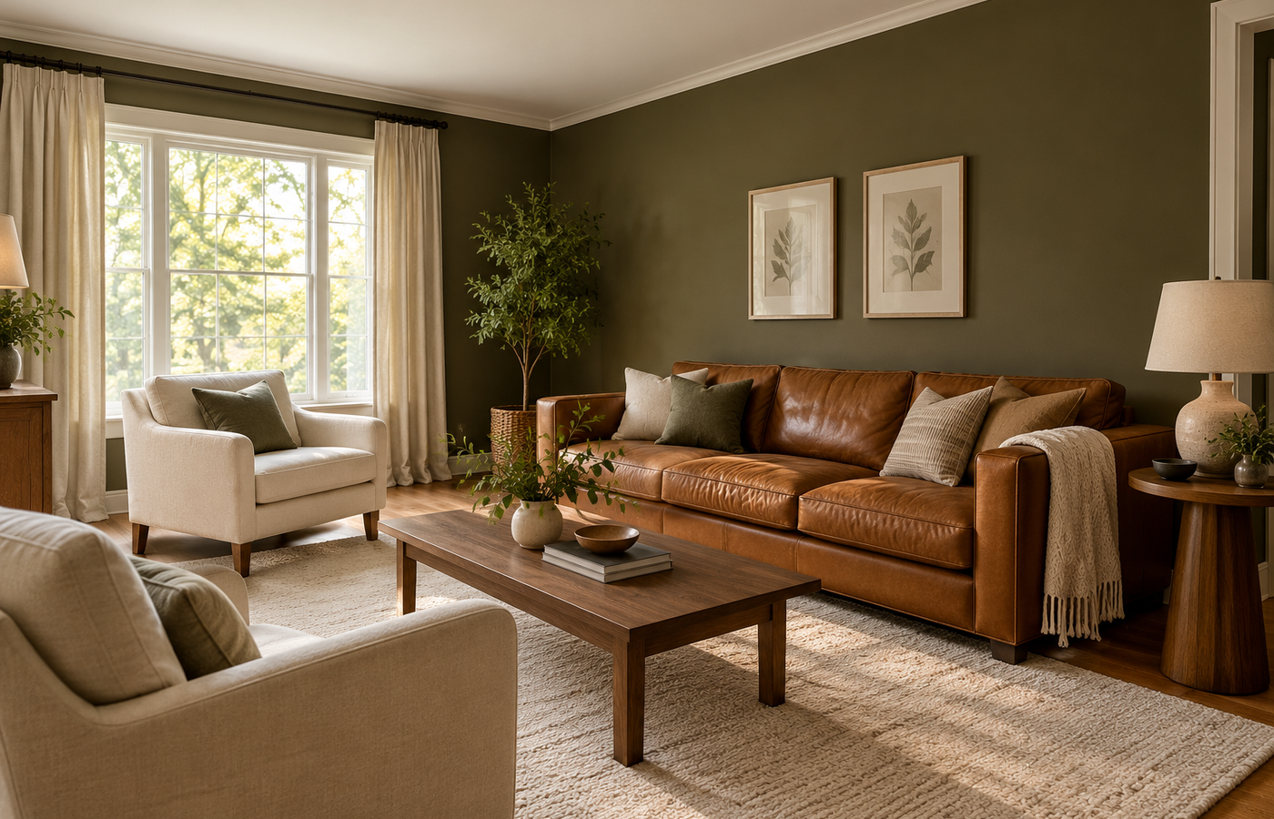 behr grounded living room with mossy olive green walls, a cognac leather sofa and cream linen chairs