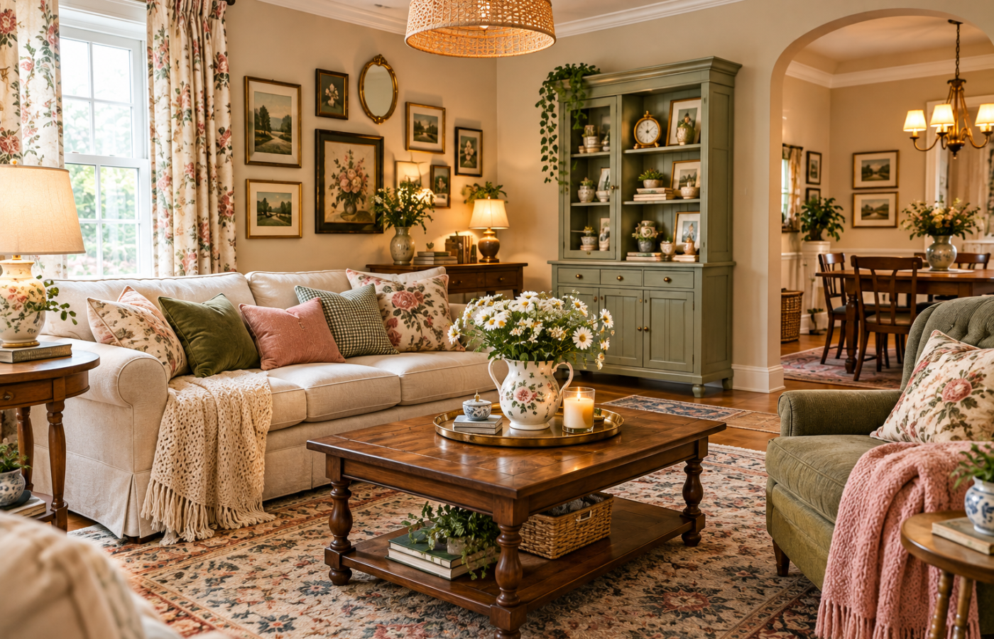Grandma chic decor ideas with a skirted sofa and floral patterns