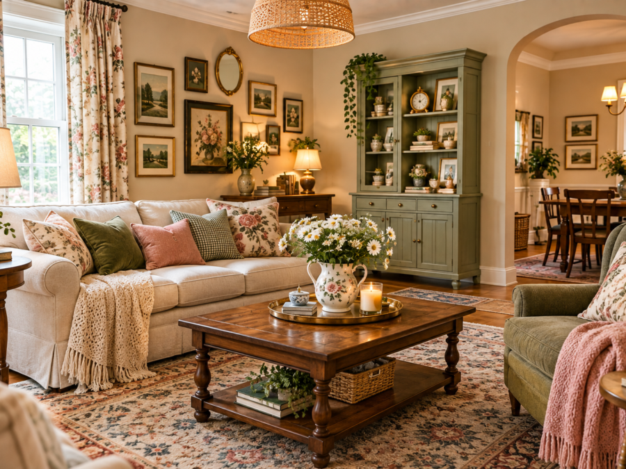 Grandma chic decor ideas with a skirted sofa and floral patterns