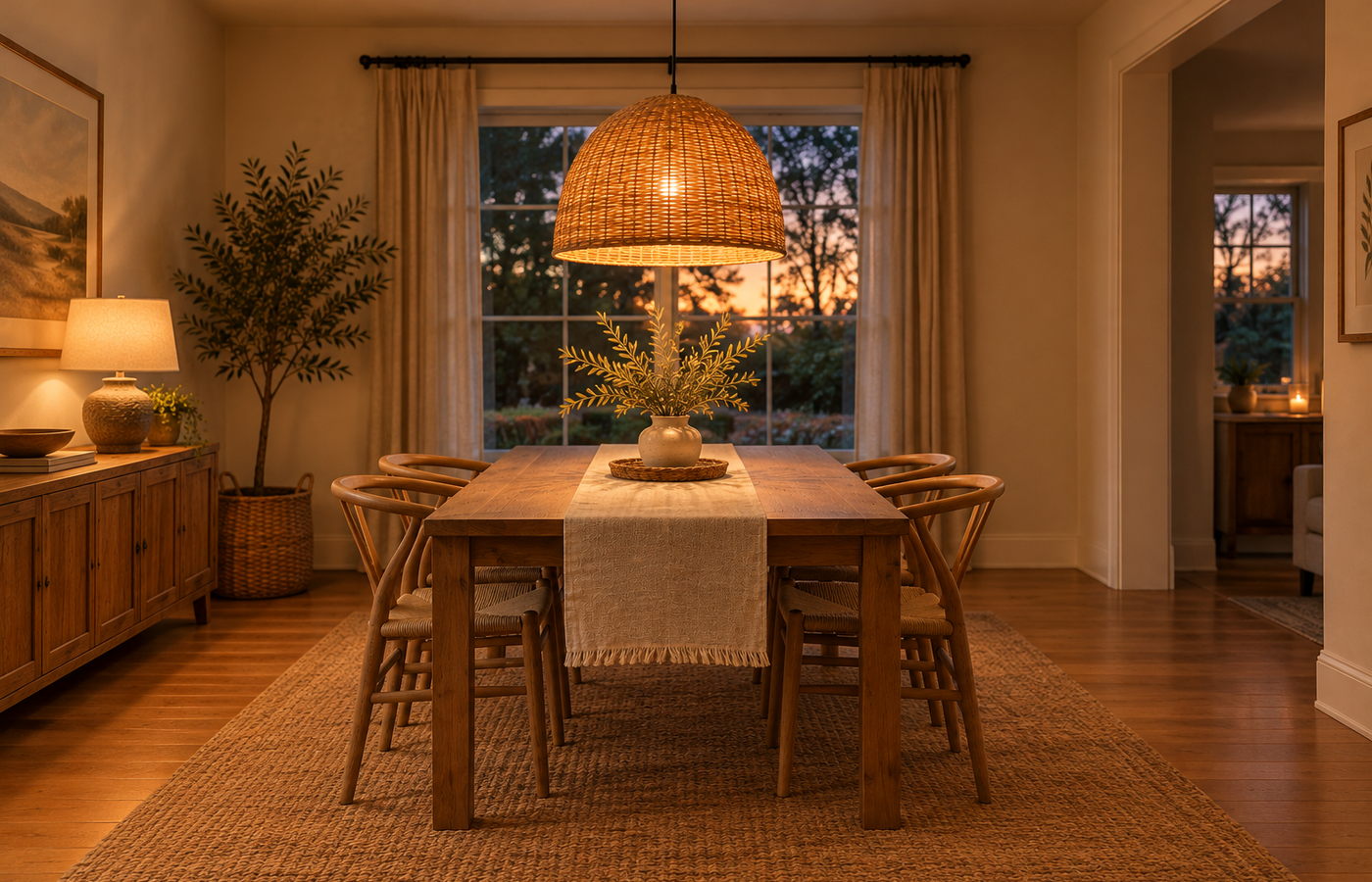 Pendant light size over a dining table shown with a large woven rattan pendant above a wood table