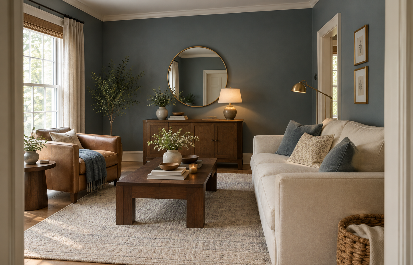 glidden artifact paint color on living room walls, a calm smoky blue with a cream sofa and tan leather armchair