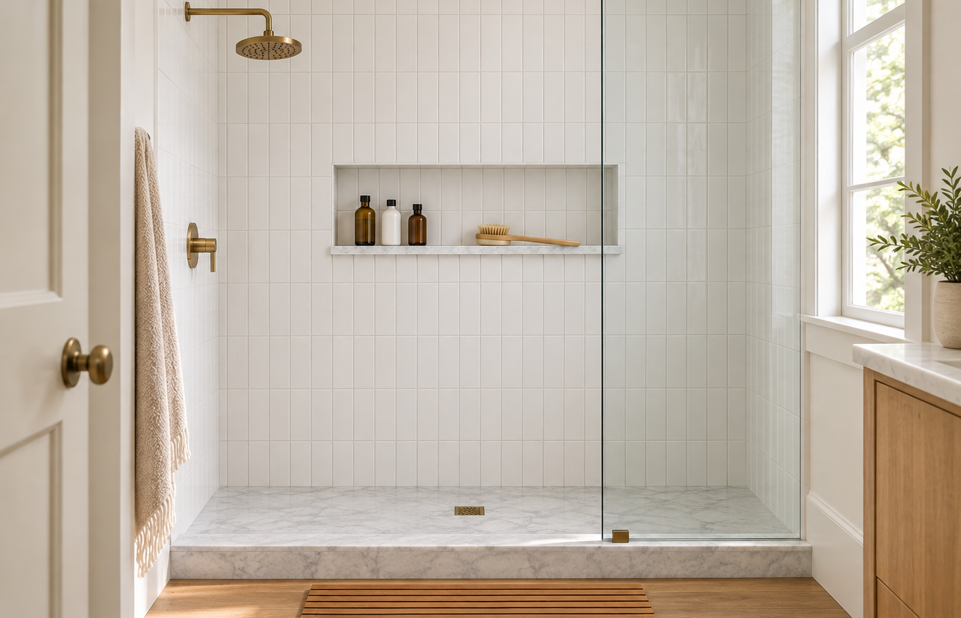 shower niche size and height example: a long recessed niche with a marble sill in a white vertical-tile walk-in shower
