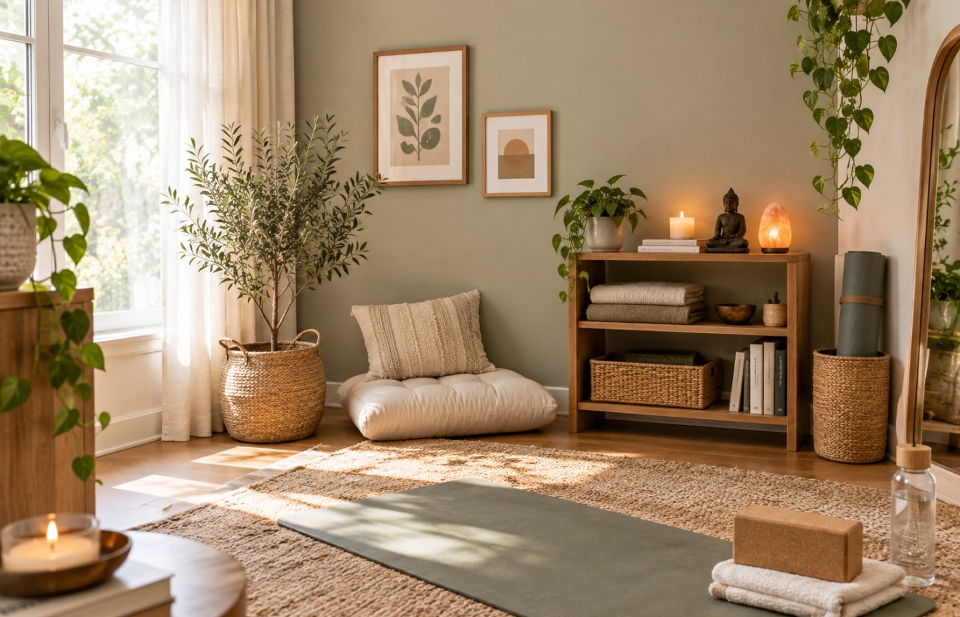 Wellness room at home with a floor cushion, yoga mat, plants and soft daylight