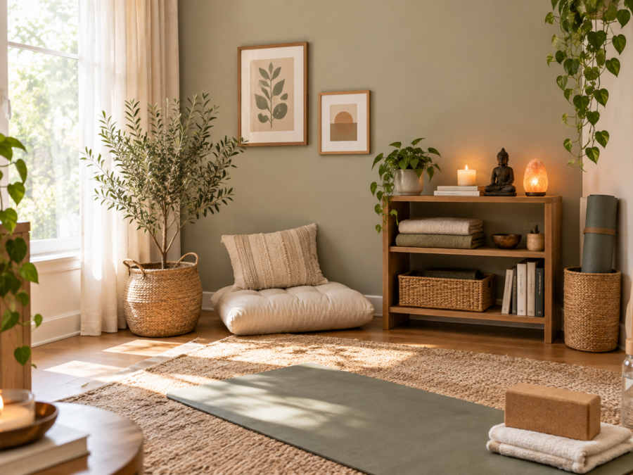 Wellness room at home with a floor cushion, yoga mat, plants and soft daylight