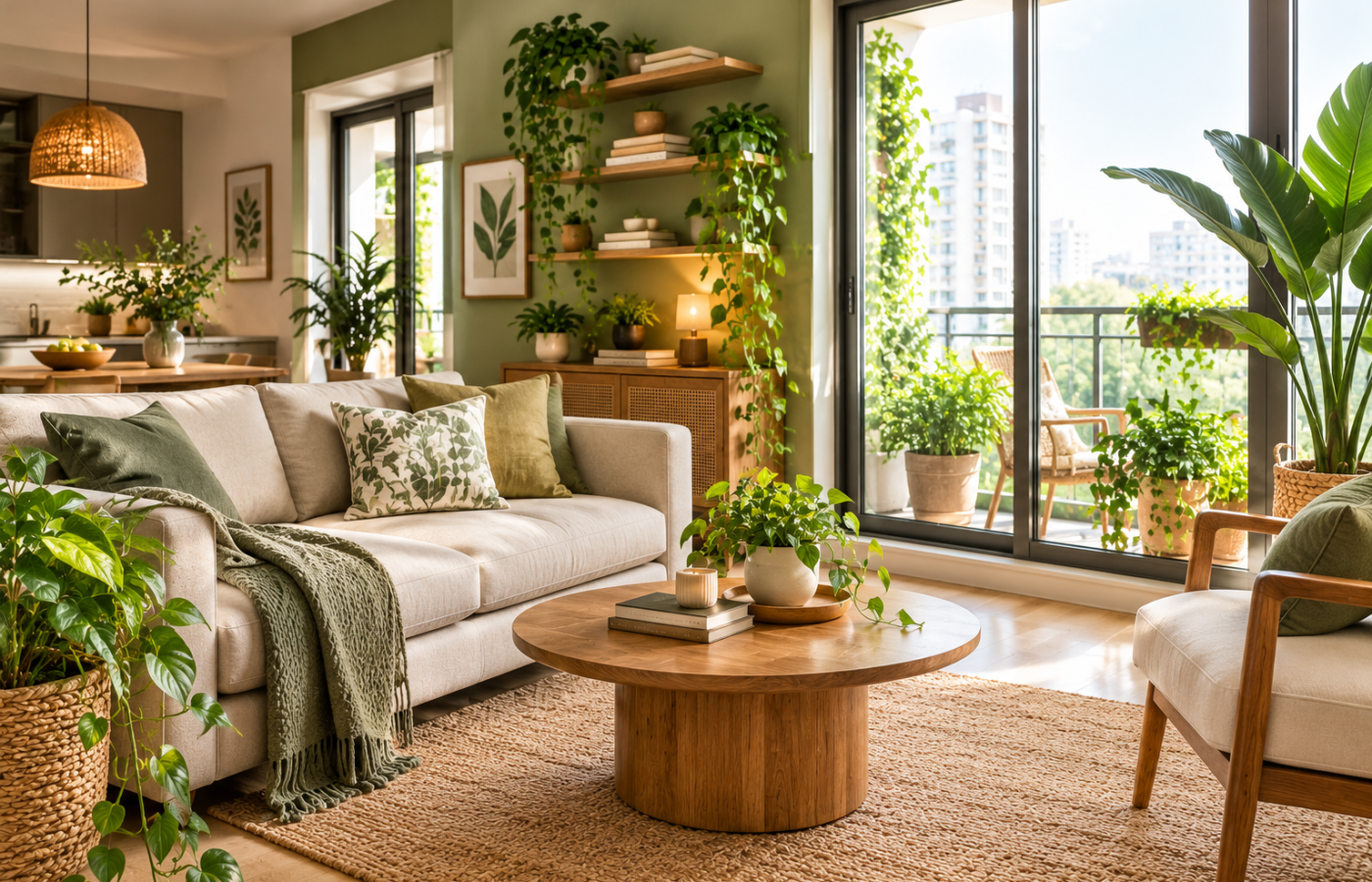 Biophilic design ideas in an apartment living room with layered plants and a balcony view