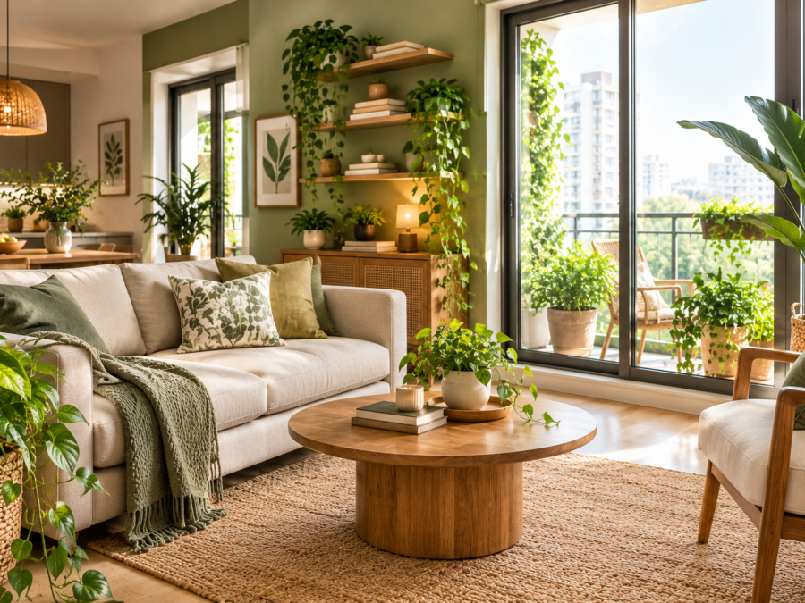 Biophilic design ideas in an apartment living room with layered plants and a balcony view