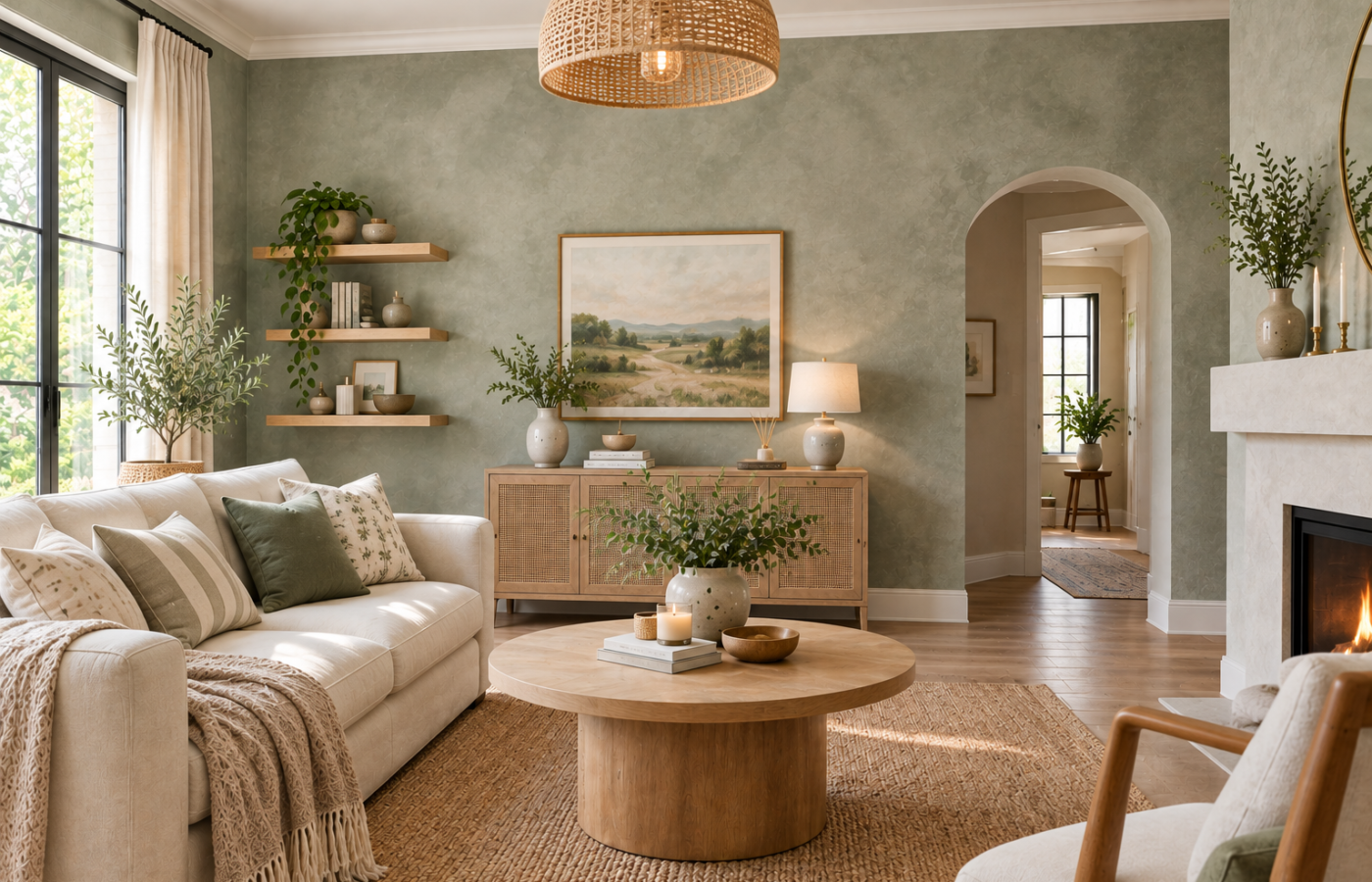 Limewash paint ideas showing a mottled sage green wall texture