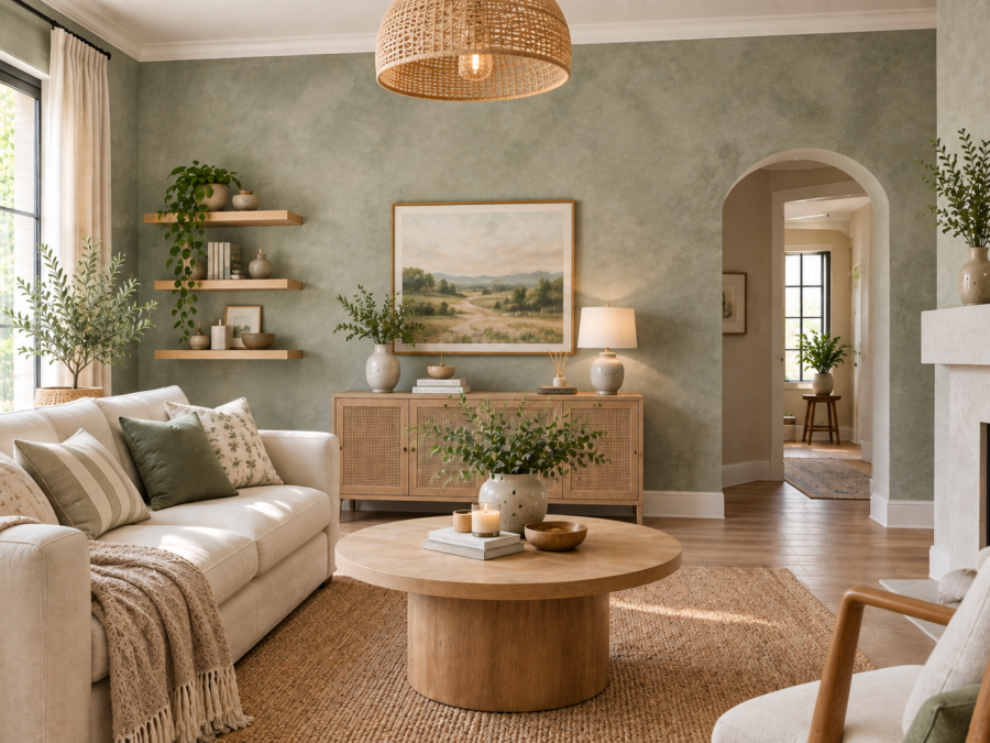 Limewash paint ideas showing a mottled sage green wall texture