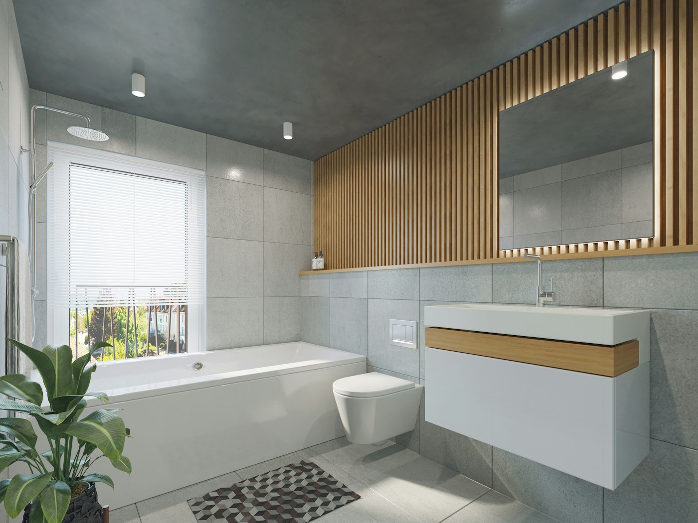 Walk-in shower with a long recessed tiled niche holding bottles