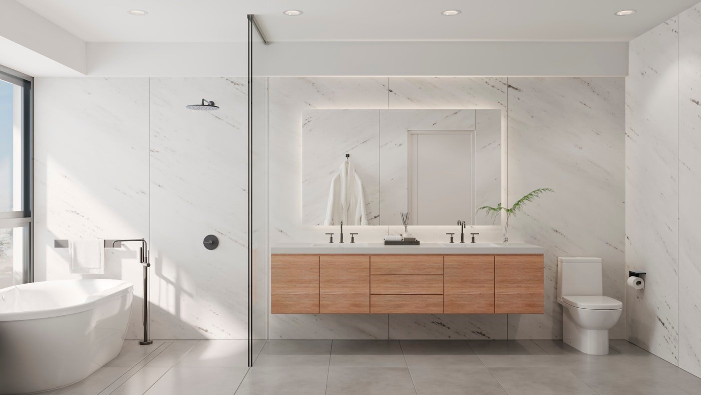 Bathroom with a large mirrored cabinet above a vanity