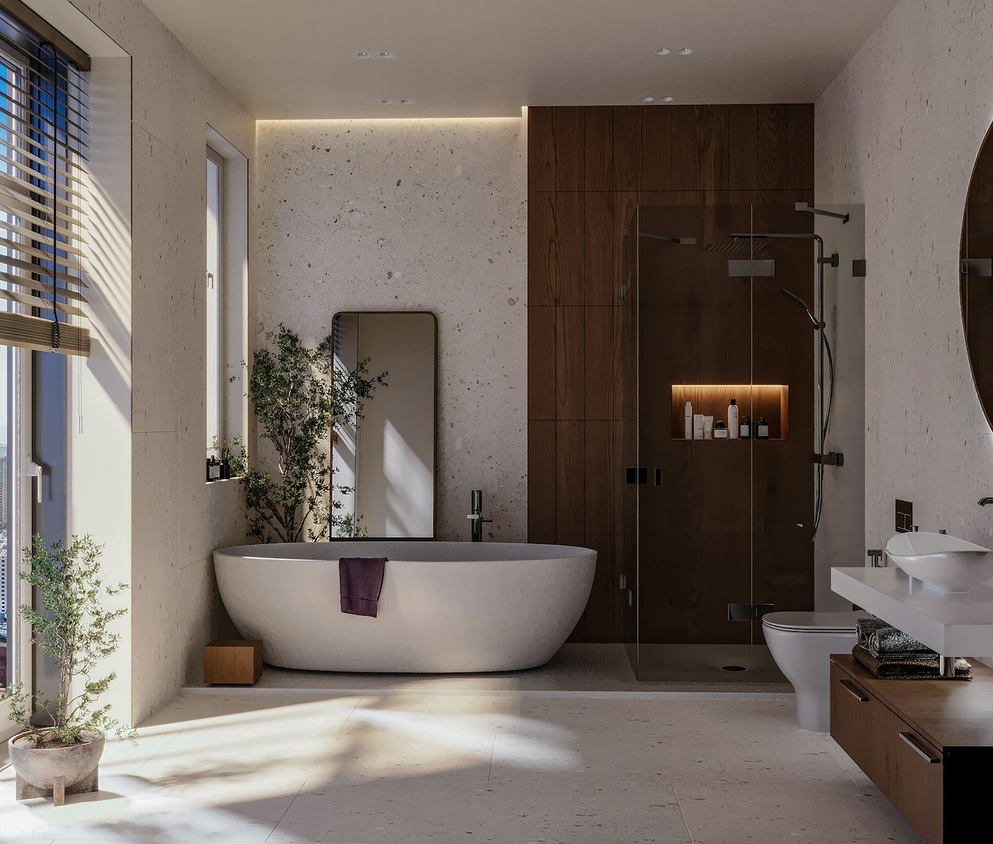 Small bathroom with large pale tiles running from floor to ceiling