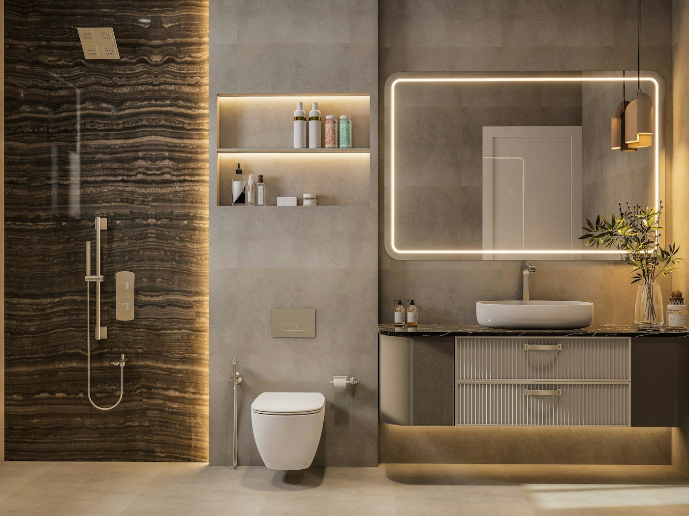Small bathroom with a fixed glass shower screen