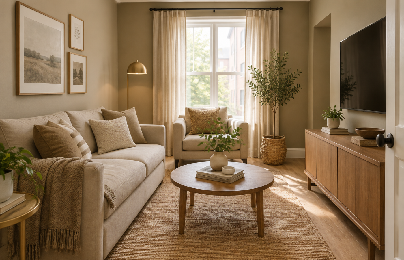 Small living room painted in a warm tan like Sherwin-Williams Universal Khaki