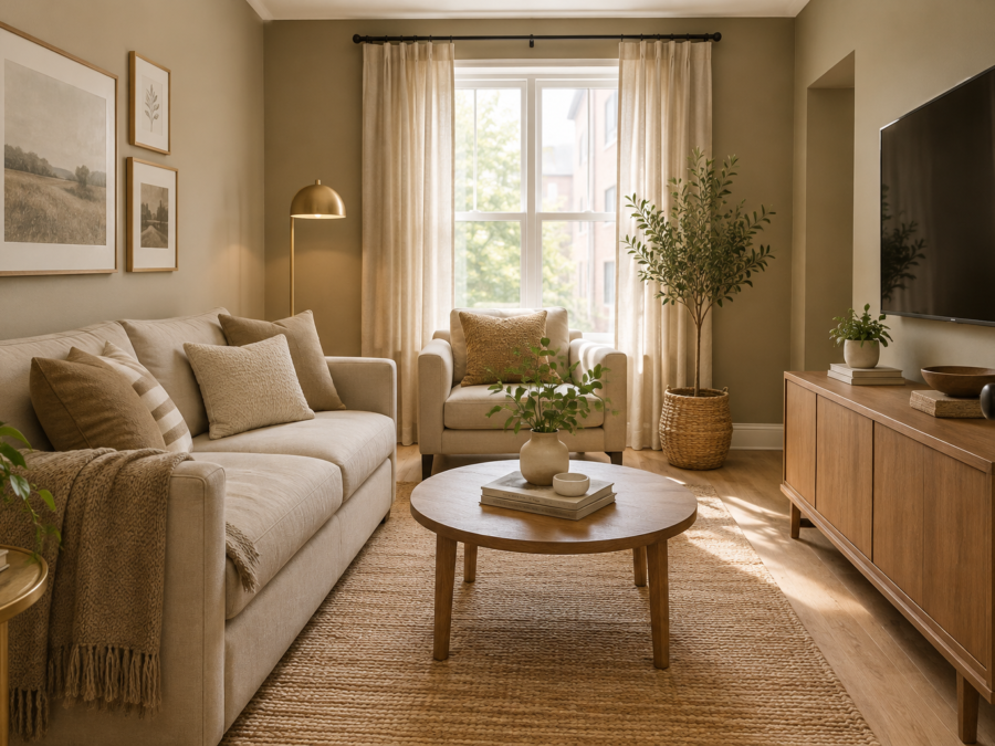 Small living room painted in a warm tan like Sherwin-Williams Universal Khaki