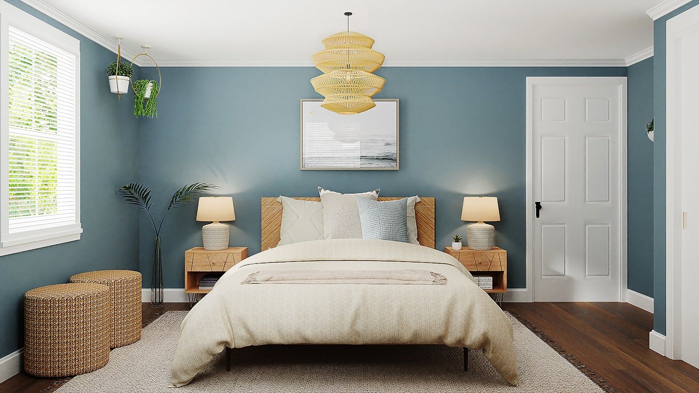 Bedroom painted in a soft warm beige with white bedding