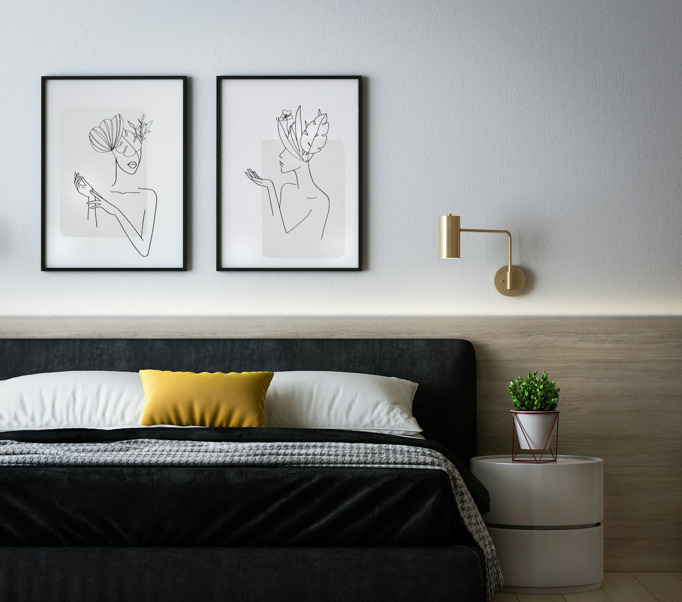 Bedroom with a tall upholstered headboard against a plain wall
