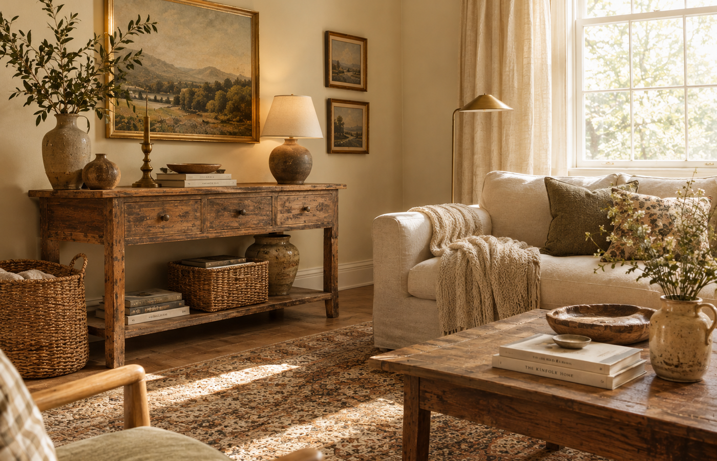 Living room painted in a creamy ivory like Dutch Boy Melodious Ivory with worn wood and linen