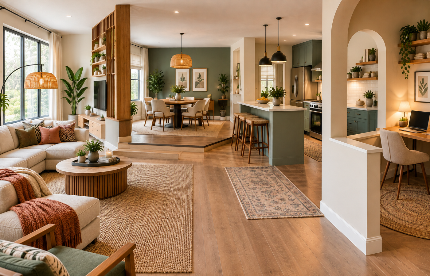 Broken floor plan ideas shown in an open-concept living, dining and kitchen space