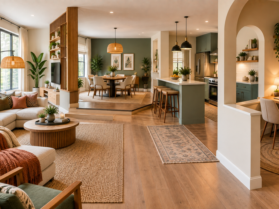 Broken floor plan ideas shown in an open-concept living, dining and kitchen space