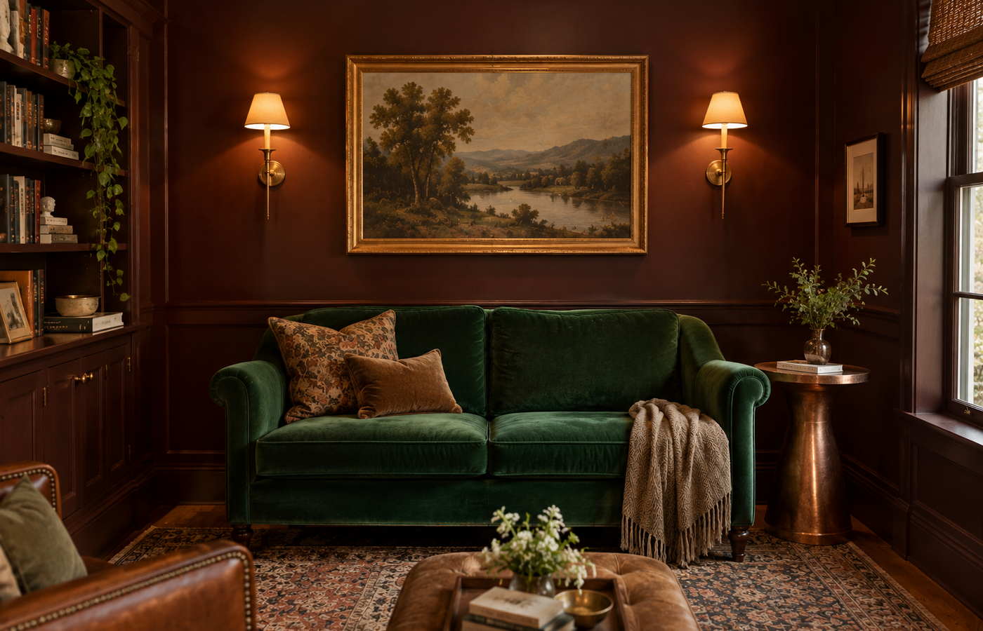 Living room painted in a deep red-brown like Glidden Warm Mahogany with brass sconces and a green velvet sofa
