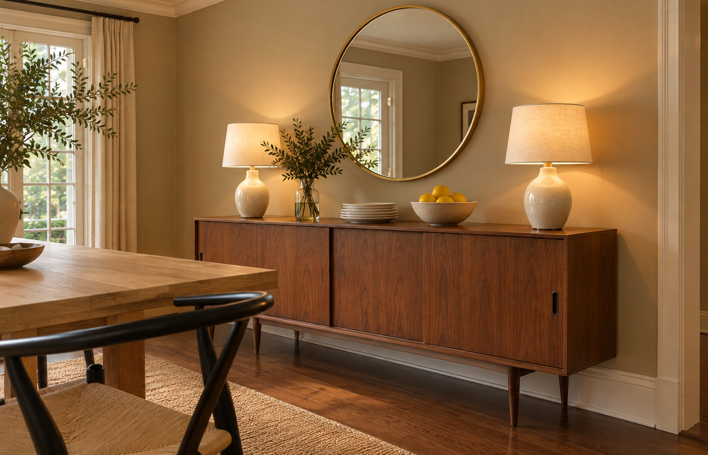 sideboard vs buffet vs credenza example: a mid-century walnut sideboard on tapered legs with sliding doors and a round brass mirror