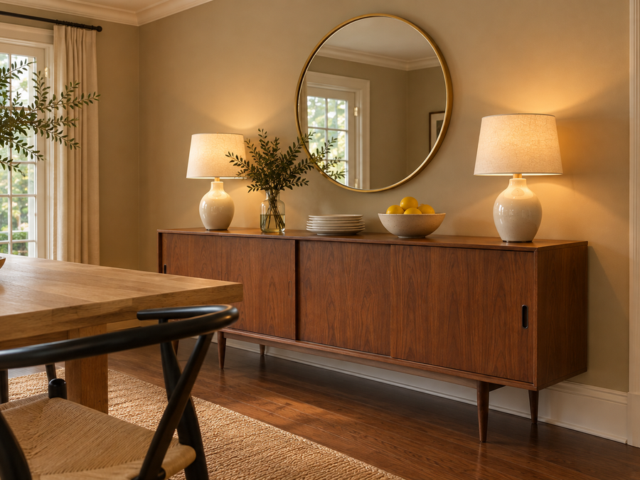 sideboard vs buffet vs credenza example: a mid-century walnut sideboard on tapered legs with sliding doors and a round brass mirror