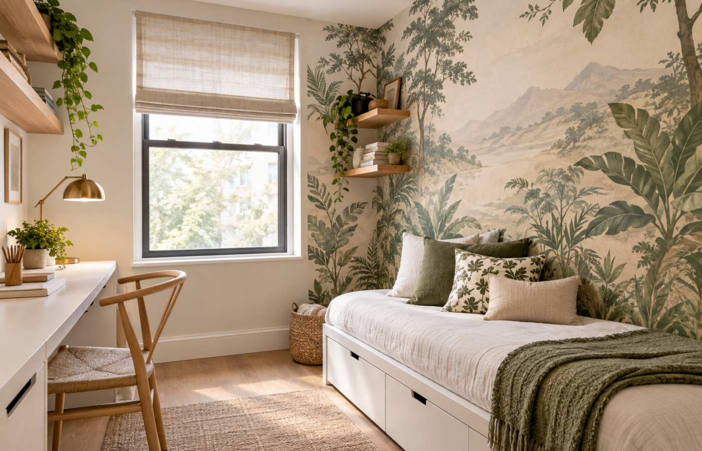 Mural wallpaper for small rooms with a botanical landscape mural behind a daybed