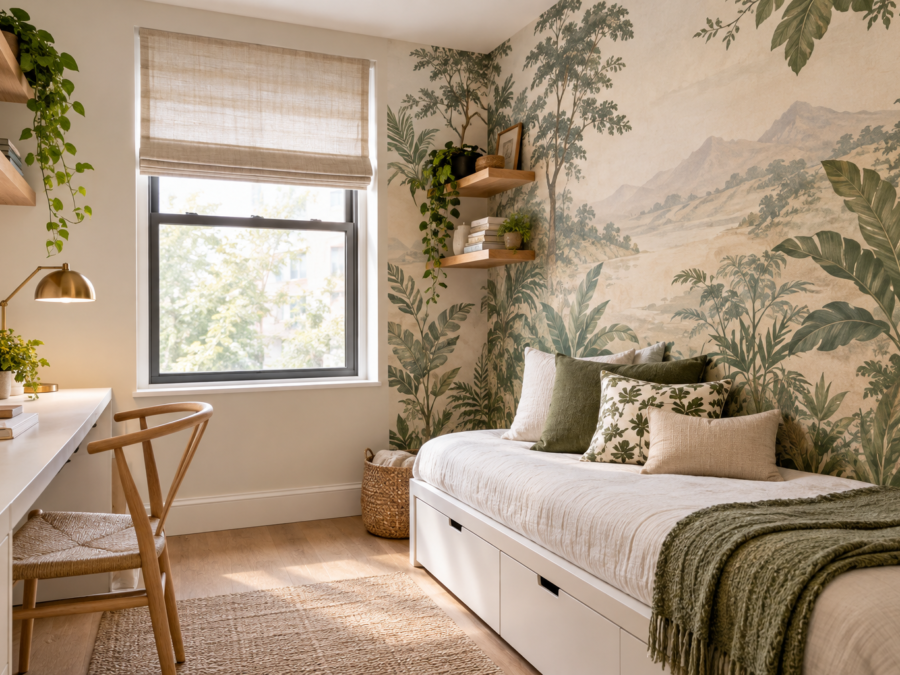 Mural wallpaper for small rooms with a botanical landscape mural behind a daybed