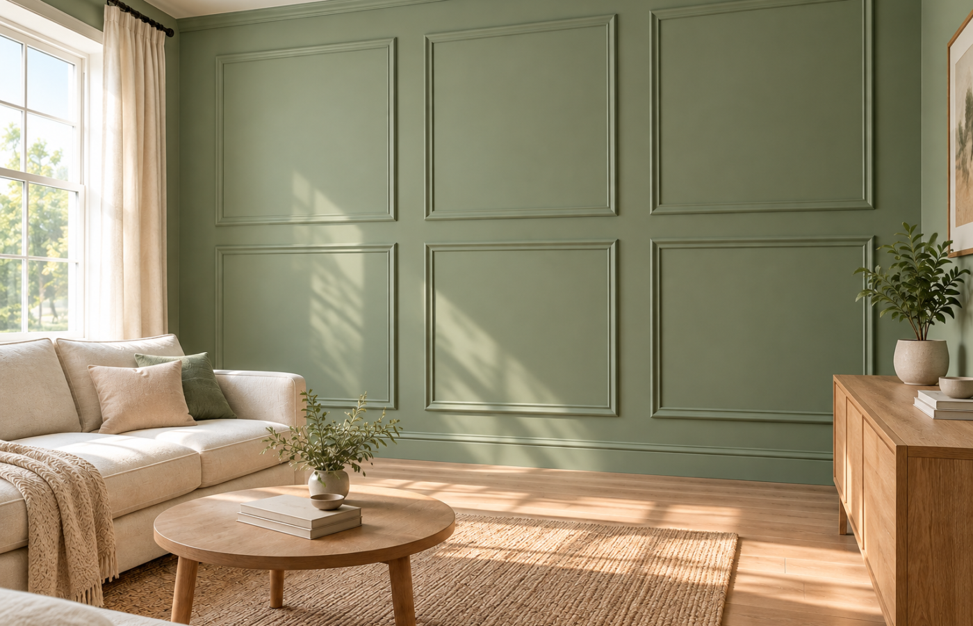 Picture frame molding ideas shown on a sage green living room wall