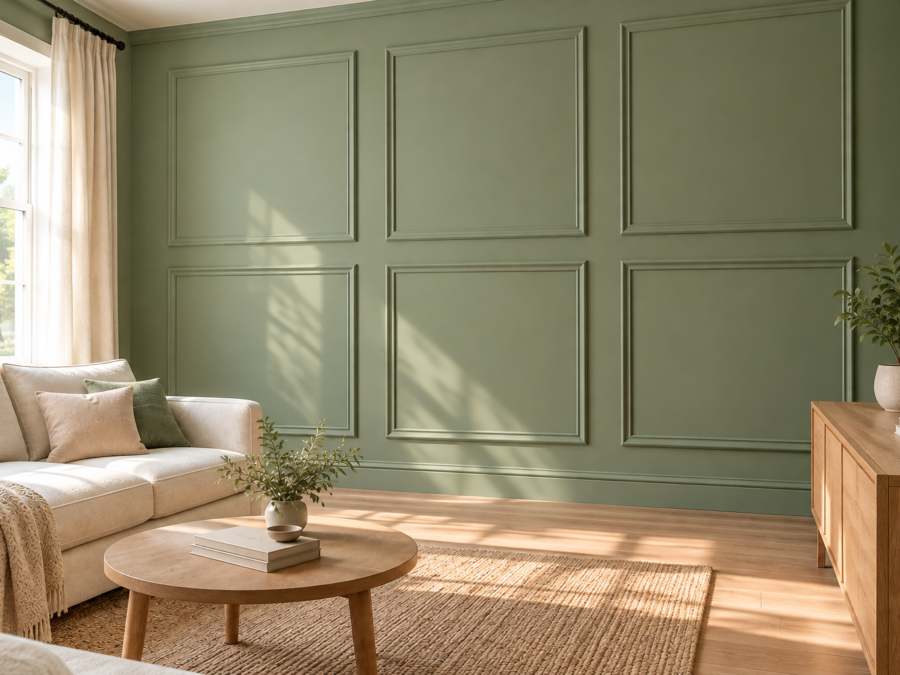 Picture frame molding ideas shown on a sage green living room wall