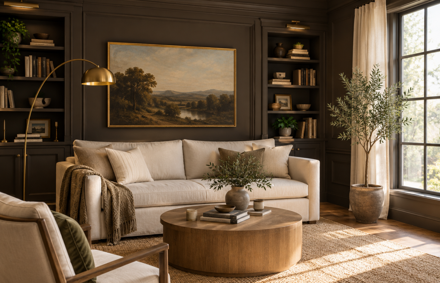 Living room painted in a deep brown like Benjamin Moore Silhouette with a cream sofa and brass lamp