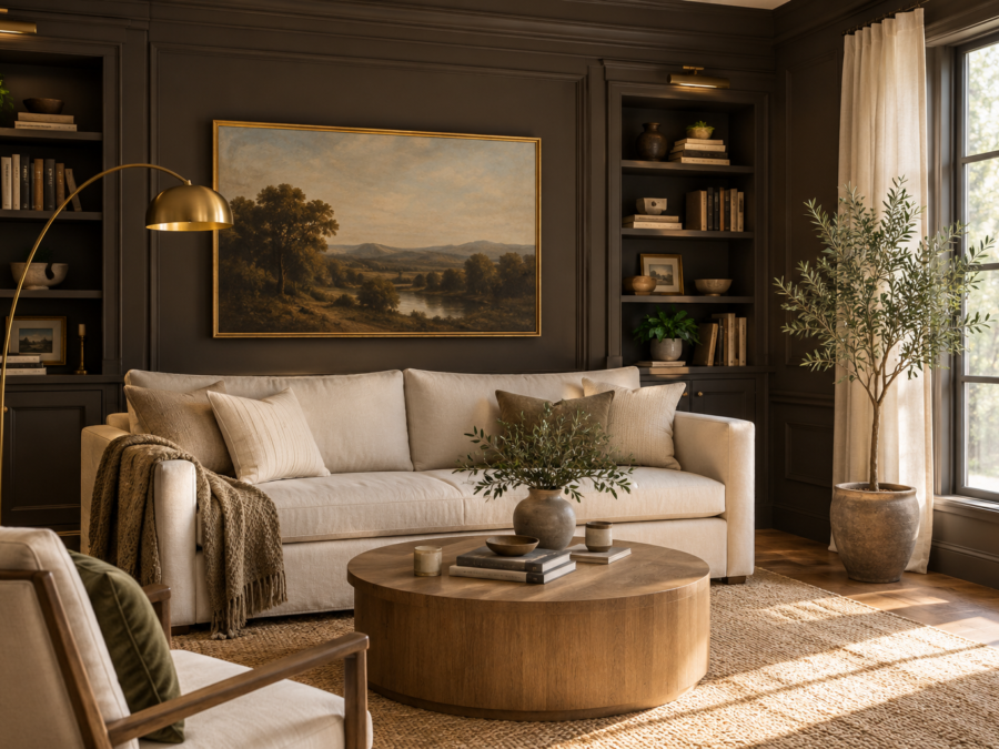 Living room painted in a deep brown like Benjamin Moore Silhouette with a cream sofa and brass lamp
