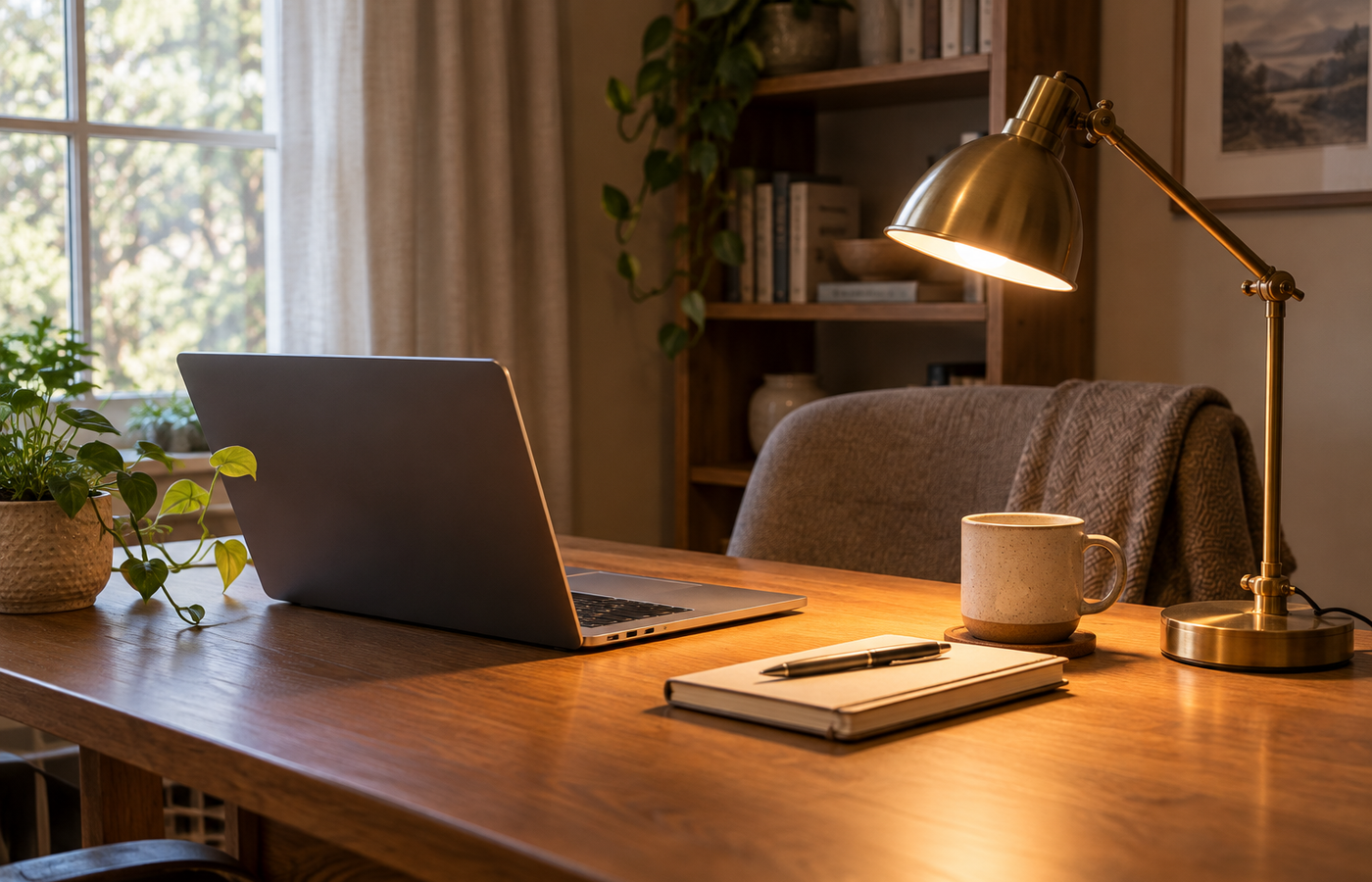Desk lamp height for a home office shown with a brass adjustable task lamp beside a laptop