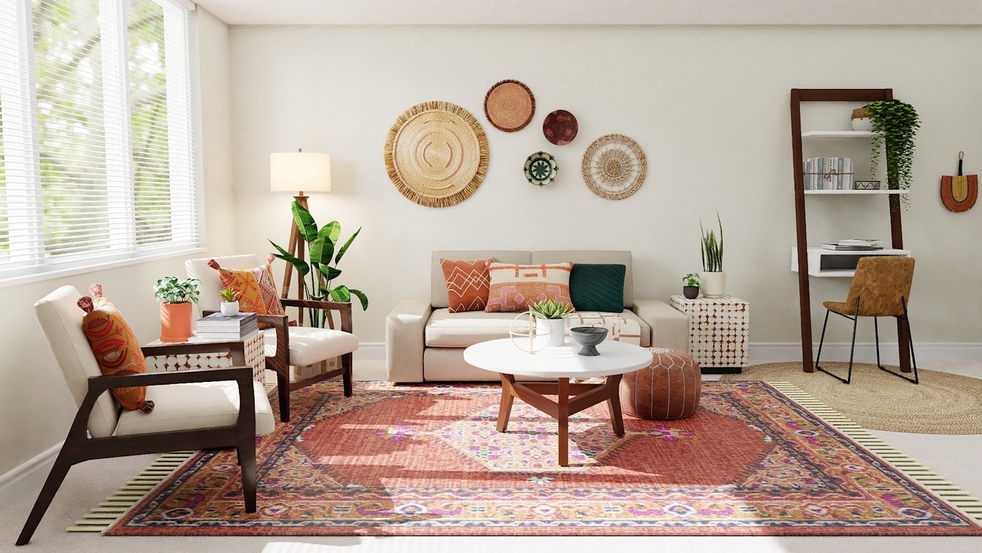 Living room with a jute rug layered under a smaller patterned rug