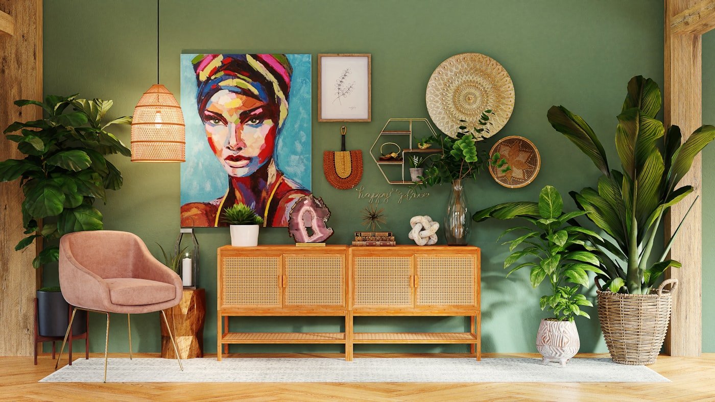 Large macrame wall hanging above a sofa in a boho living room