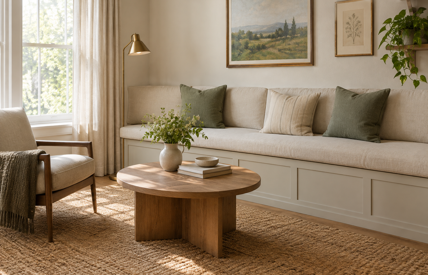 Living room banquette seating along a wall with layered cushions and a round wood coffee table