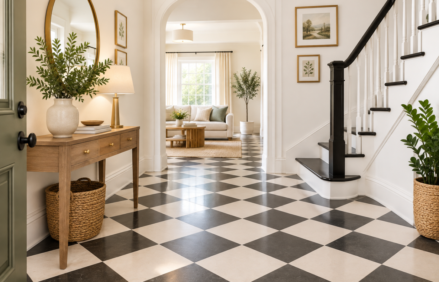Checkerboard floor ideas in an entryway with a black and cream diagonal tile pattern