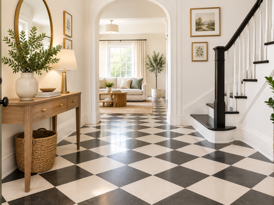 Checkerboard floor ideas in an entryway with a black and cream diagonal tile pattern