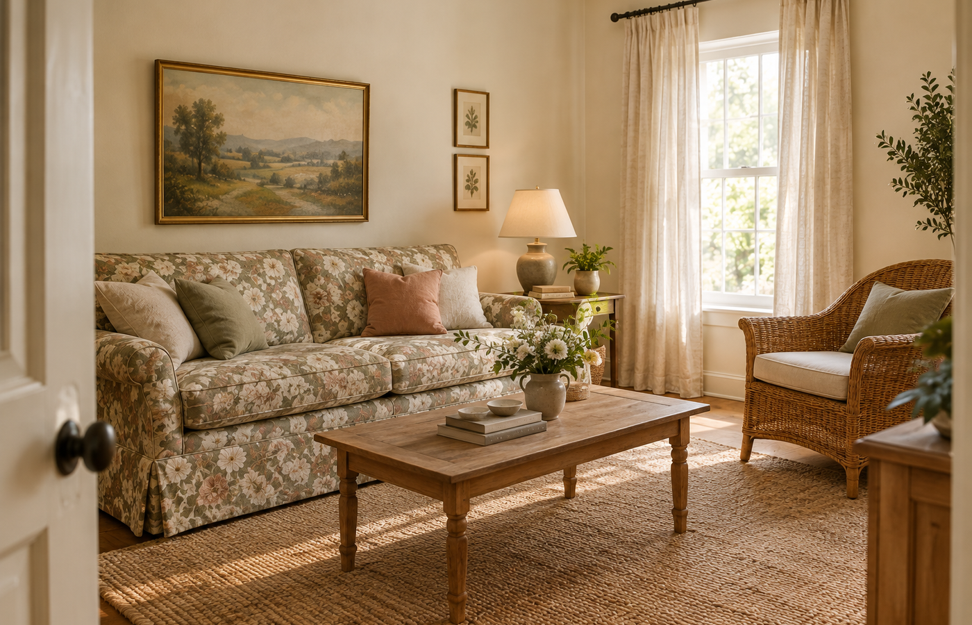 Statement floral sofa in a living room with calm cream walls and a wood coffee table