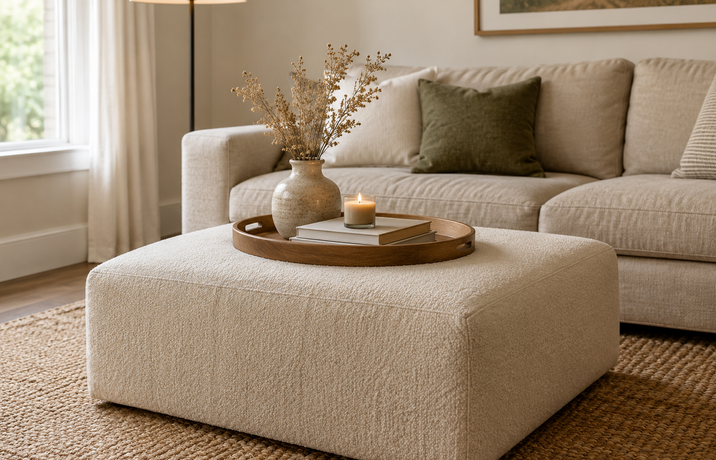 Ottoman coffee table with a round wood tray, books and a vase in front of an oatmeal sofa