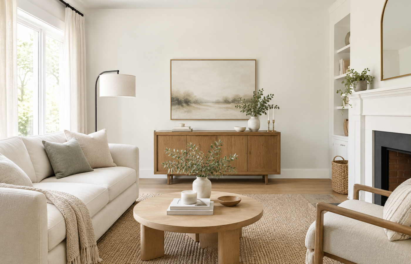 Living room painted in a warm white like Pantone Cloud Dancer with oak furniture and jute rug