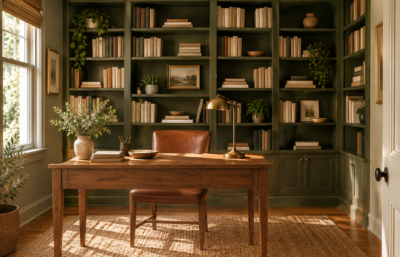 Home library office with olive green built-in bookshelves, a wood desk and a brass lamp