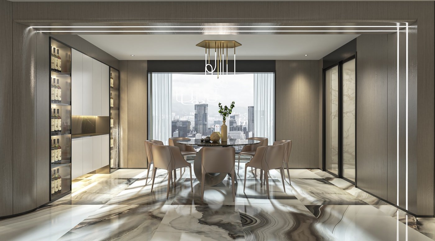 Dining room with a single large abstract painting on the wall behind the table