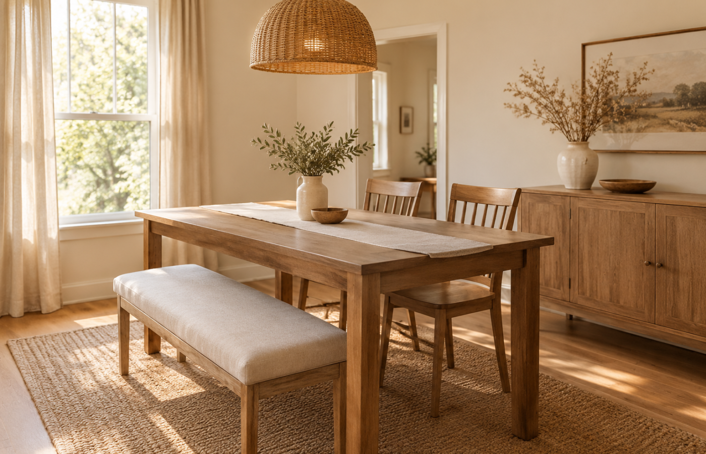 Dining room bench seating with a slim upholstered bench along one side of a wood table