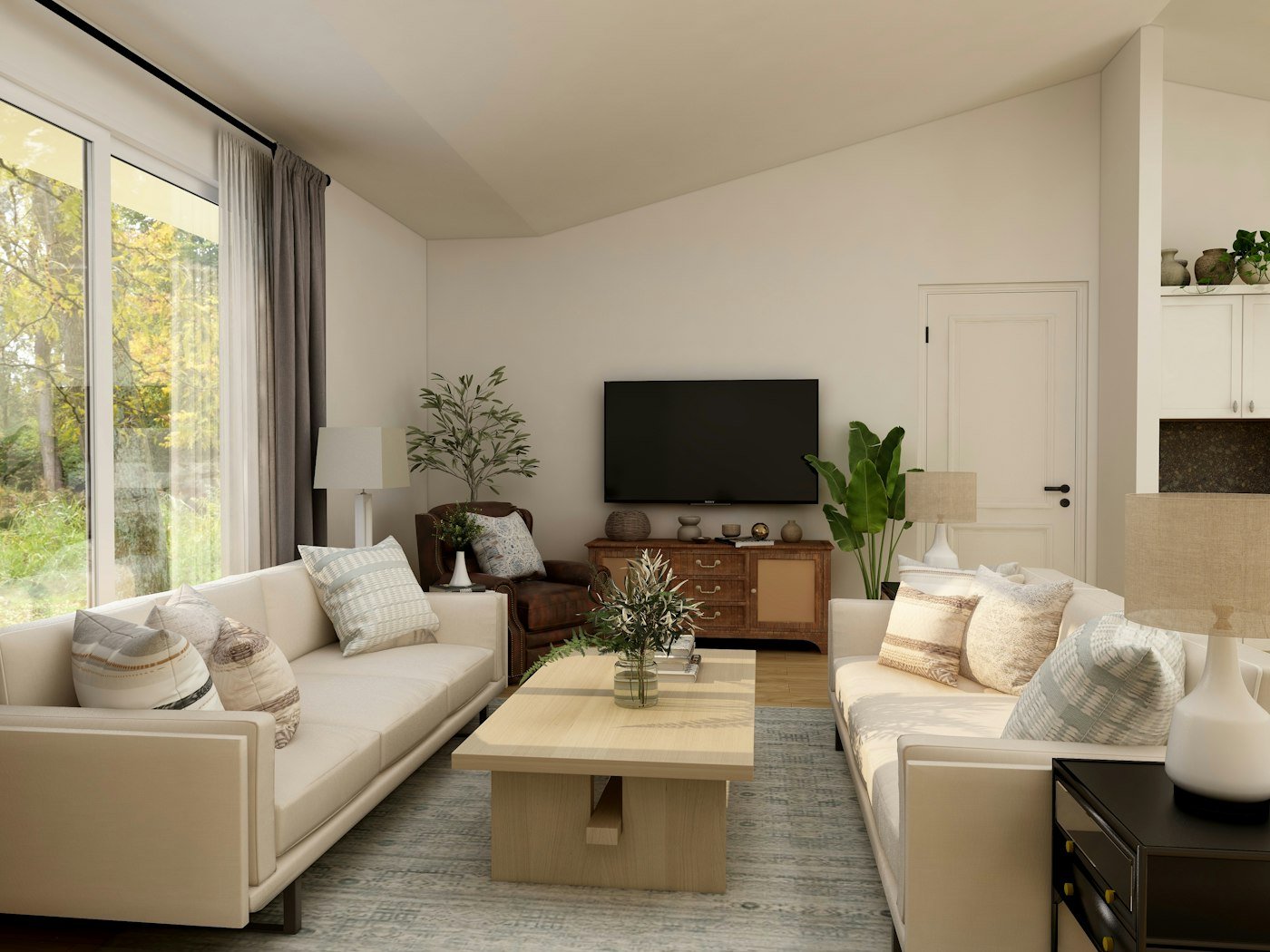 How to create a modern farmhouse living room with wood tones and black accents