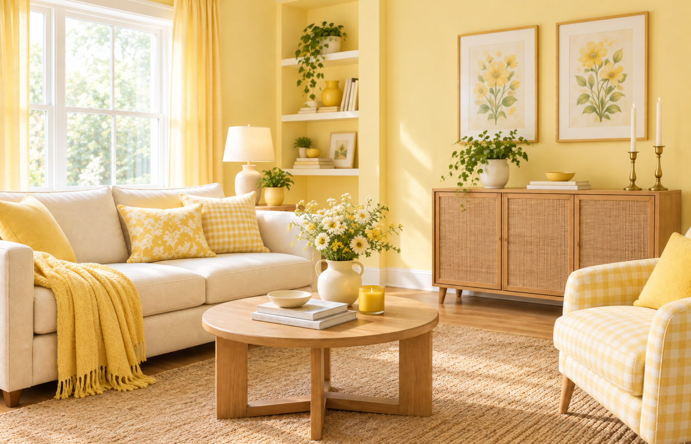 Butter yellow decor ideas in a living room with yellow walls, pillows and a cream sofa