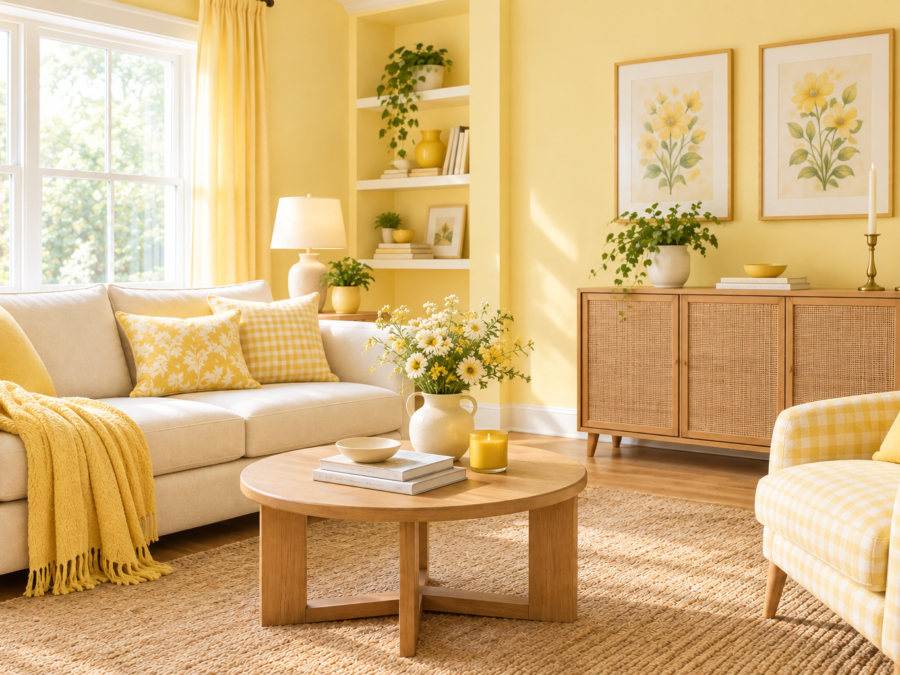Butter yellow decor ideas in a living room with yellow walls, pillows and a cream sofa